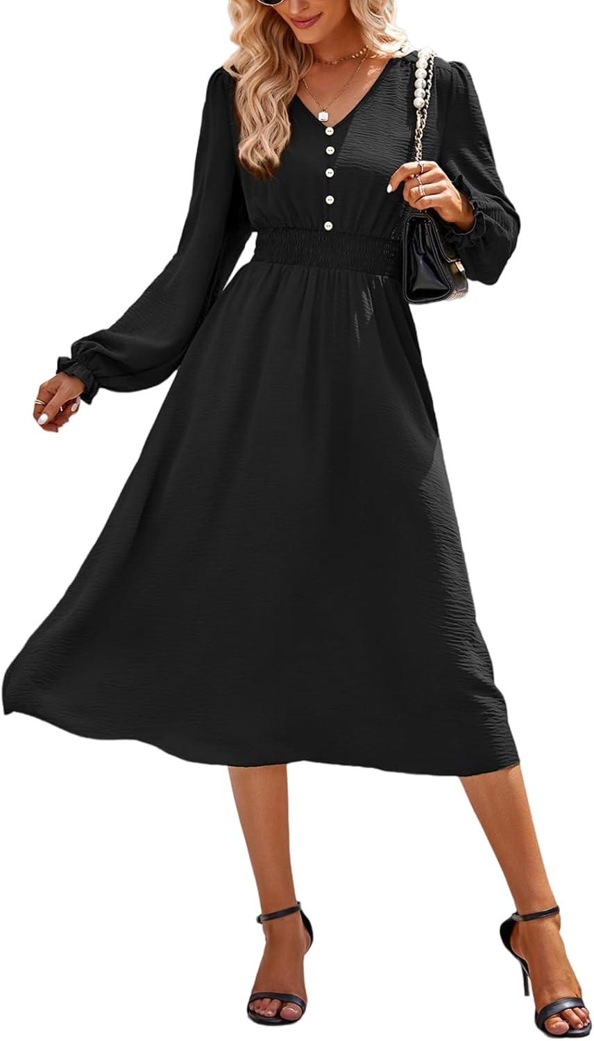 Robe Midi Femme en stretch, col V, coupe fluide – Menvelo