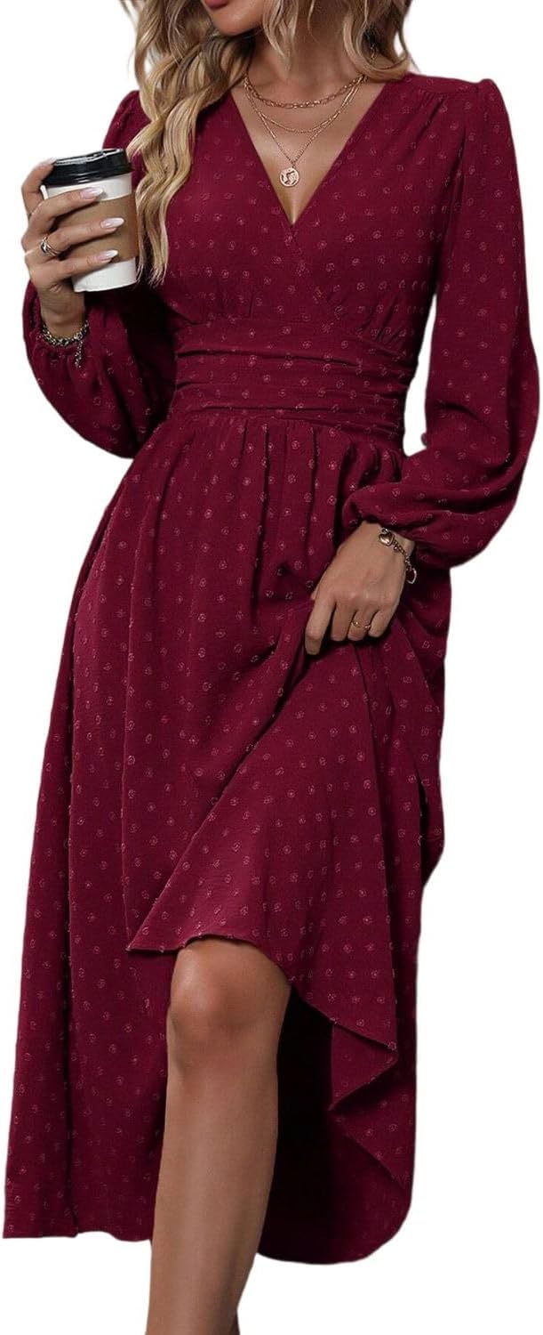 Robe Midi Femme en tissu léger, col V, coupe fluide – Menvelo