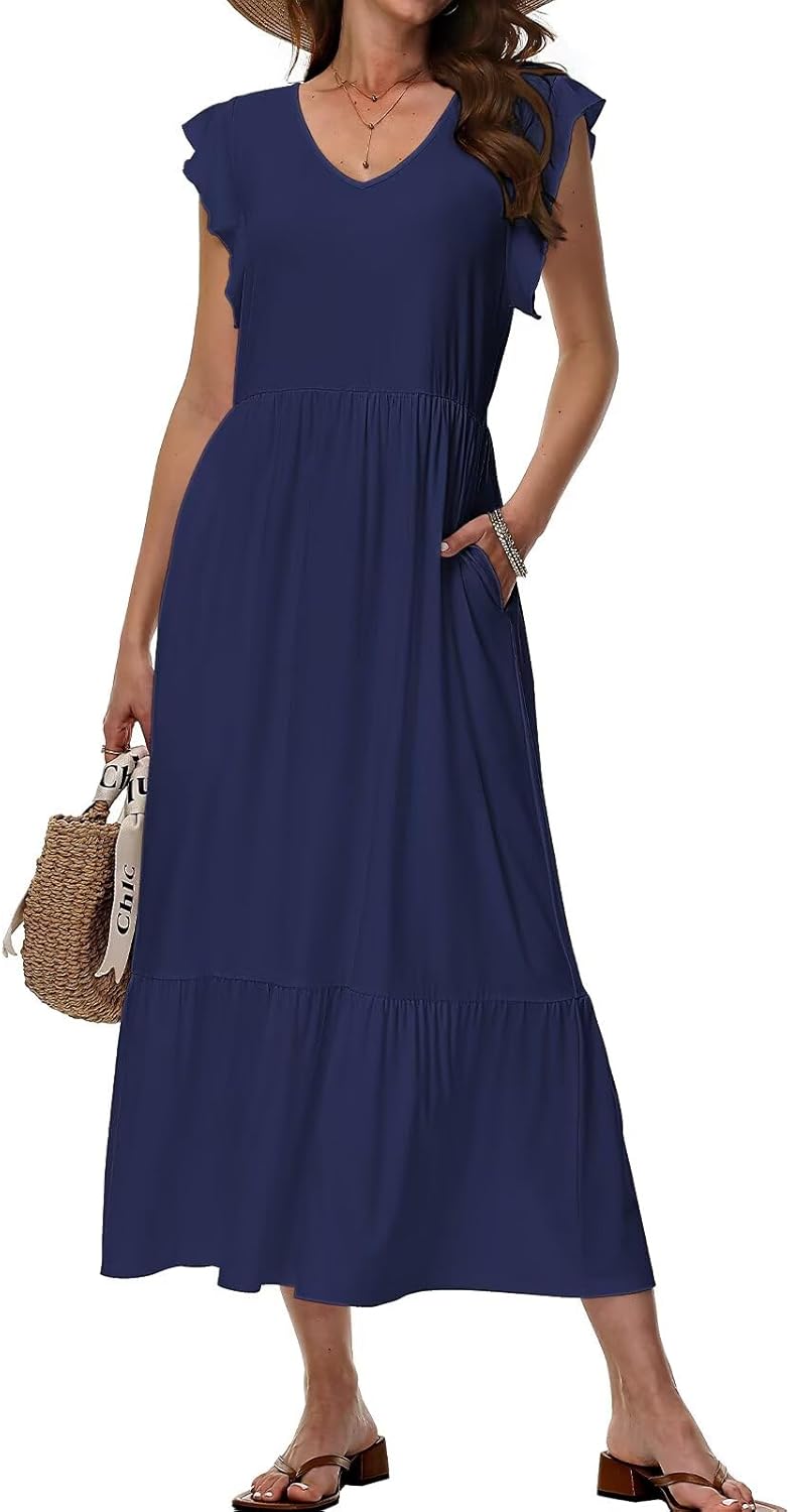 Robe Midi Femme en tissu léger, col V, coupe fluide – Menvelo