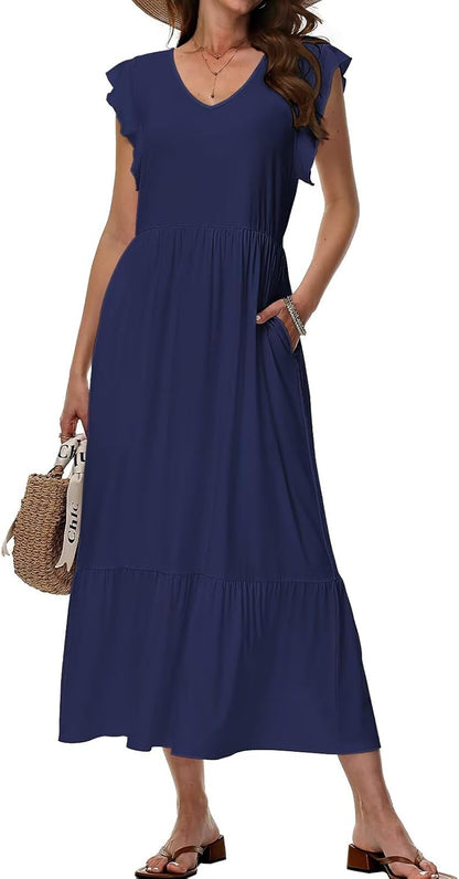 Robe Midi Femme en tissu léger, col V, coupe fluide – Menvelo