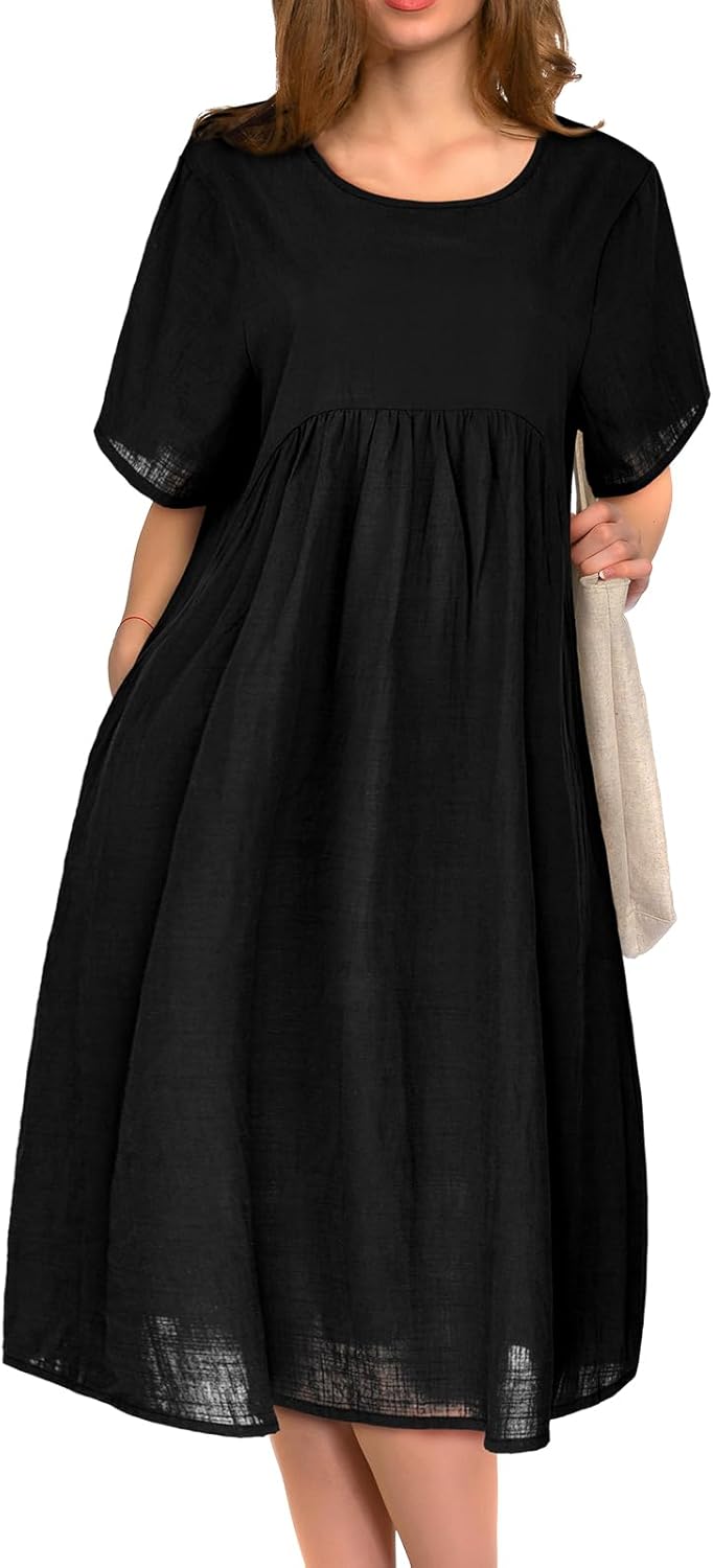 Robe Midi Femme en coton, col rond, coupe fluide – Menvelo