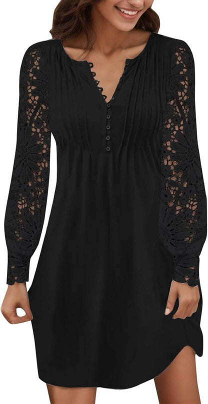 Victoria Robe Femme Élégante – Robe Courte en Dentelle à Col V et Manches Longues