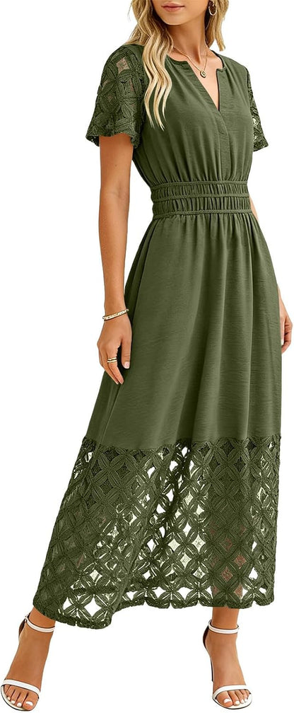 Emma Robe Femme – Robe Maxi Bohème Col V Taille Empire Poches Fluide Été