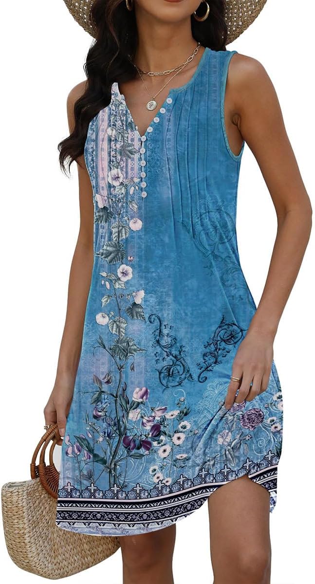 Lucie Robe Femme – Robe Bohème Fleurie Col V Sans Manches A-Line Midi Été