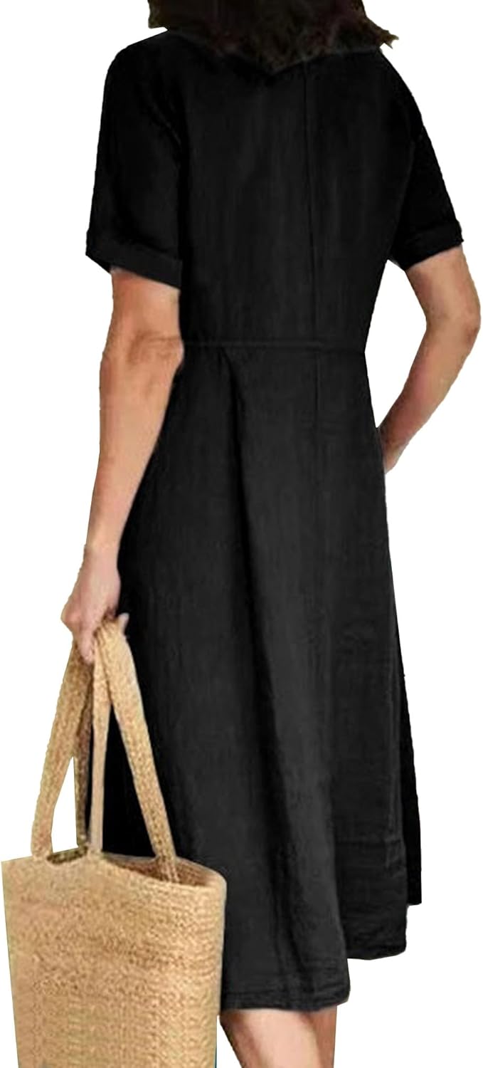 Robe Midi Femme en lin, col V, coupe fluide – Menvelo