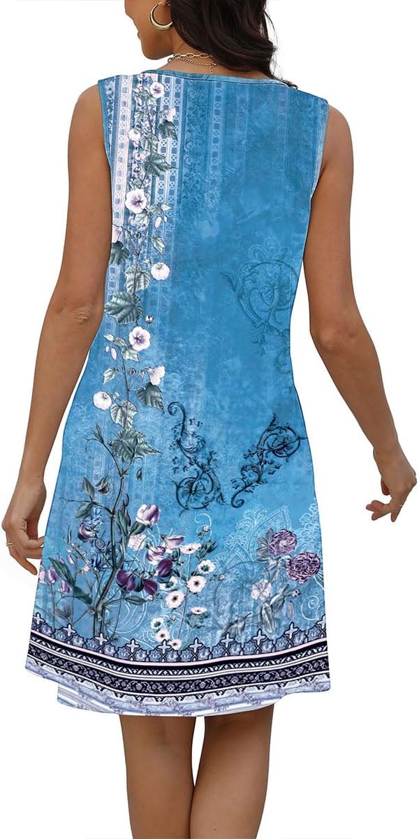 Lucie Robe Femme – Robe Bohème Fleurie Col V Sans Manches A-Line Midi Été