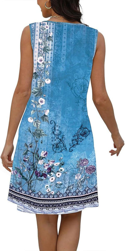Lucie Robe Femme – Robe Bohème Fleurie Col V Sans Manches A-Line Midi Été