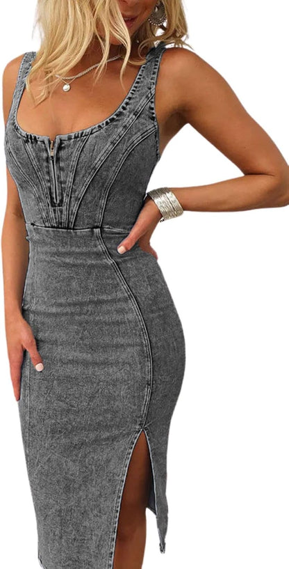 Robe Midi Femme en denim, à bretelles, coupe moulante – Menvelo