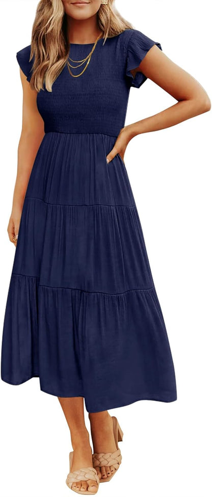Robe Midi Femme en stretch, à volants, coupe fluide – Menvelo