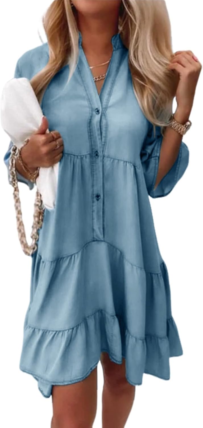 Robe Mini Femme en tissu léger, col V, coupe fluide – Menvelo