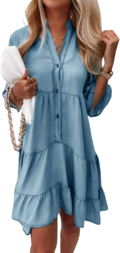 Robe Mini Femme en tissu léger, col V, coupe fluide – Menvelo