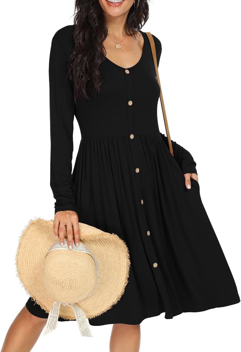Robe Midi Femme en tissu léger, manches longues, coupe fluide – Menvelo