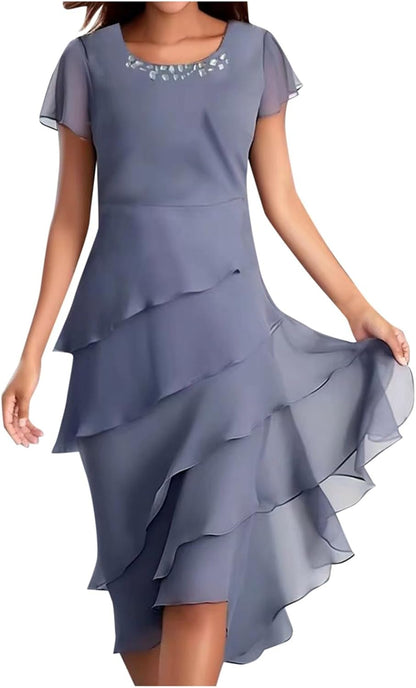 Robe Midi Femme en tissu léger, col rond, coupe fluide – Menvelo