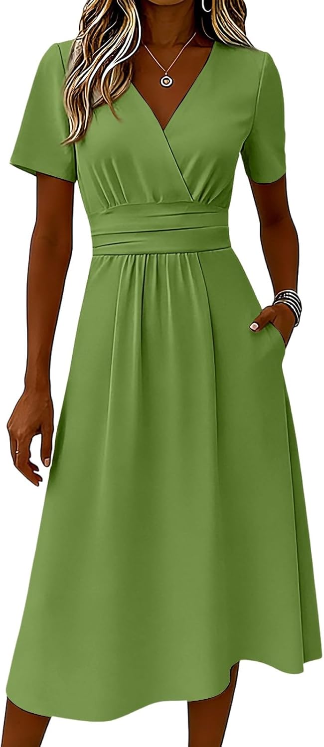 Robe Midi Femme en tissu léger, col V, coupe confortable – Menvelo