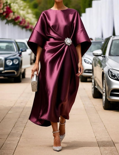 Victoria Robe Longue Satinée Femme – Robe Élégante à Manches Chauve-Souris et Taille Plissée
