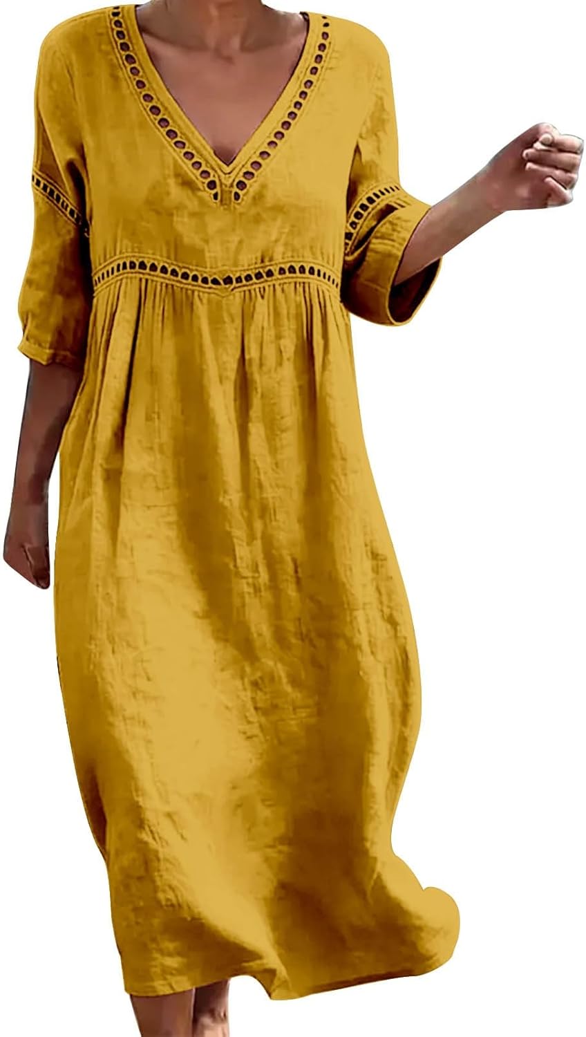 Laura Robe Femme – Robe Midi Lin Col V Manches 3/4 Poches A-Line Été