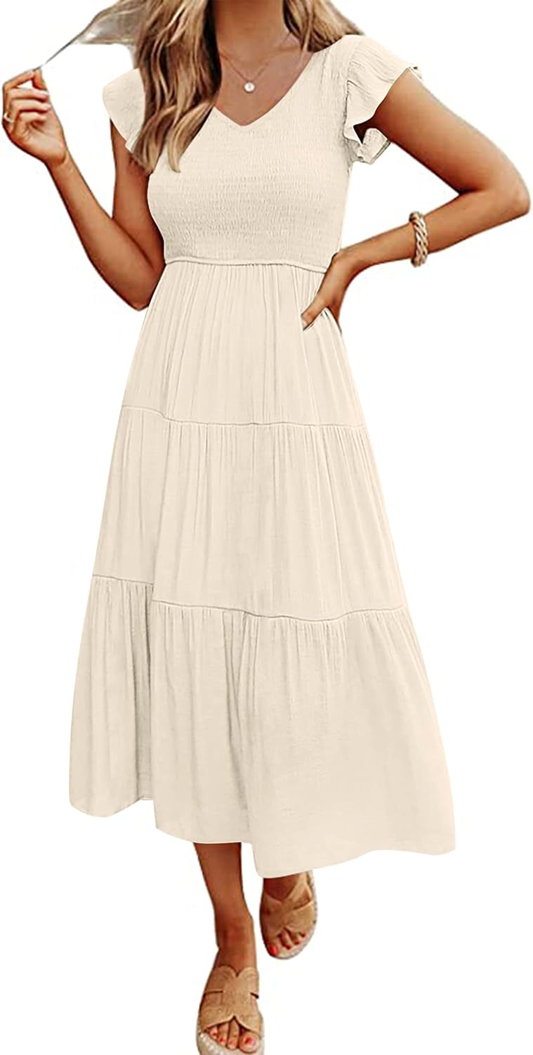 Robe Midi Femme en stretch, col V, coupe fluide – Menvelo