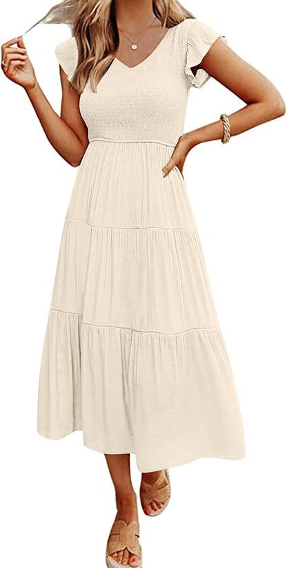 Robe Midi Femme en stretch, col V, coupe fluide – Menvelo