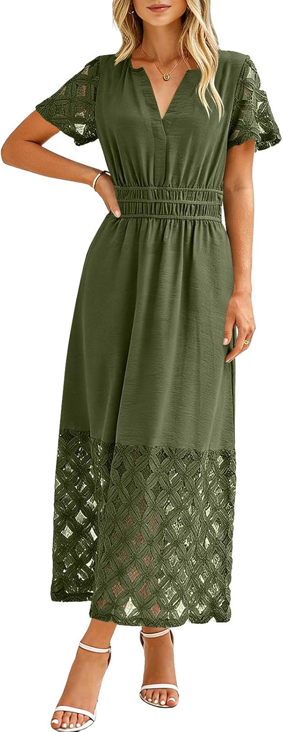 Emma Robe Femme – Robe Maxi Bohème Col V Taille Empire Poches Fluide Été