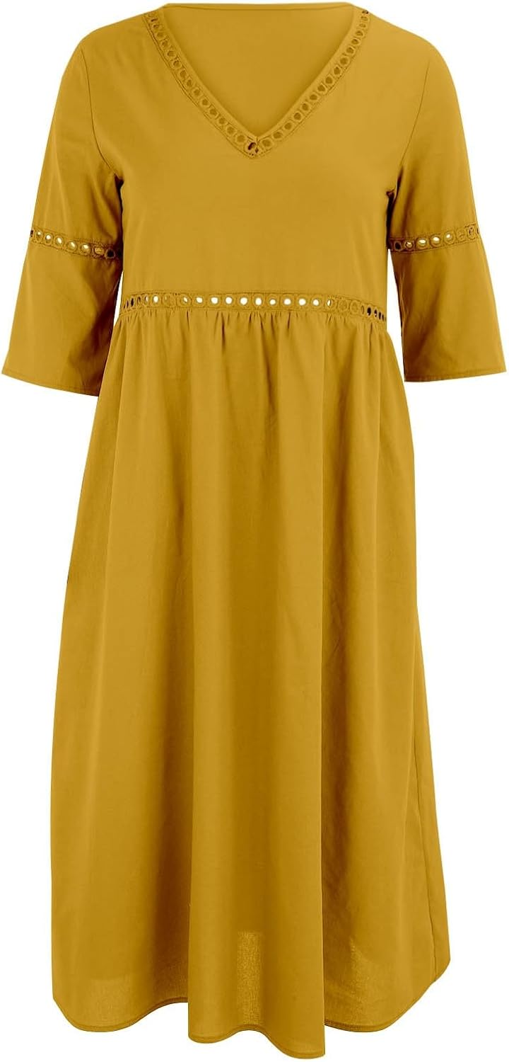 Laura Robe Femme – Robe Midi Lin Col V Manches 3/4 Poches A-Line Été