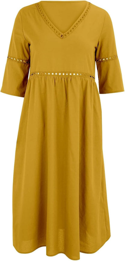 Laura Robe Femme – Robe Midi Lin Col V Manches 3/4 Poches A-Line Été