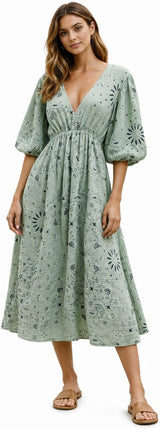 Menvelo Robe Midi Femme Coton Col V Coupe Fluide
