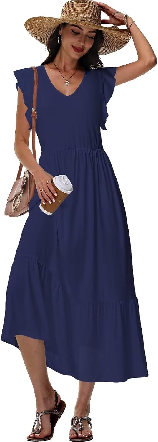 Robe Midi Femme en tissu léger, col V, coupe fluide – Menvelo
