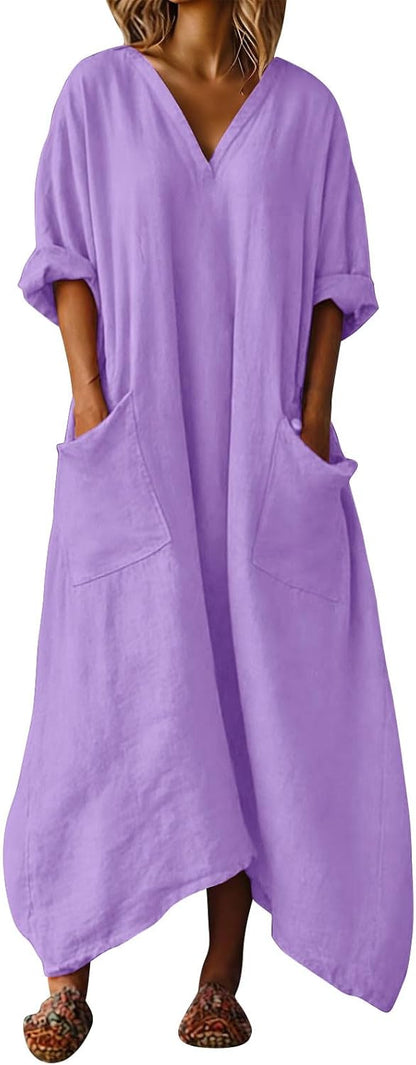 Mila Robe Femme – Robe Maxi Lin Col V Manches 3/4 Coupe A-Line Oversize Été