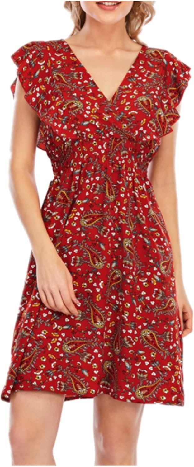 Chloé Robe Mini Femme – Robe Mousseline Fleurie Col V Volants Sans Manches
