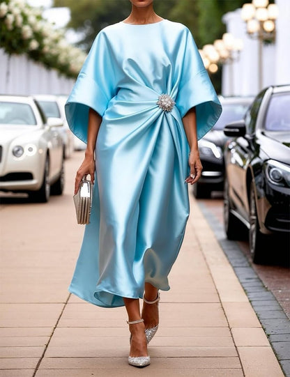 Victoria Robe Longue Satinée Femme – Robe Élégante à Manches Chauve-Souris et Taille Plissée