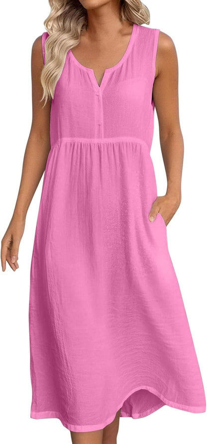 Robe Midi Femme en lin, col V, coupe fluide – Menvelo