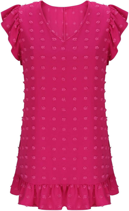 Chloé Robe Femme – Robe Midi Col V Manches Courtes Volants Coupe A-Line Été