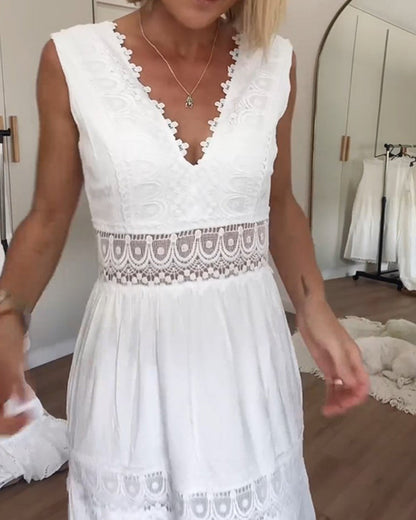 Robe Midi Bohème Blanche Femme en Dentelle – Col V Sans Manches