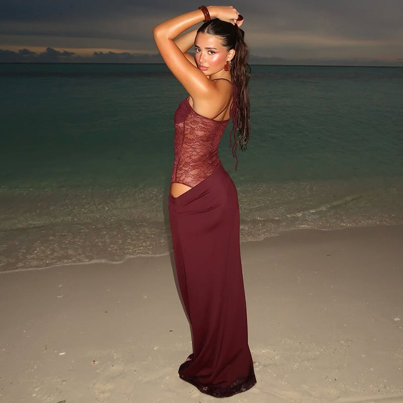 Robe Maxi à Empiècements en Dentelle Femme – Sans Manches Coupe Ajustée Évasée