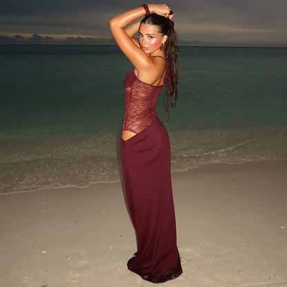 Robe Maxi à Empiècements en Dentelle Femme – Sans Manches Coupe Ajustée Évasée