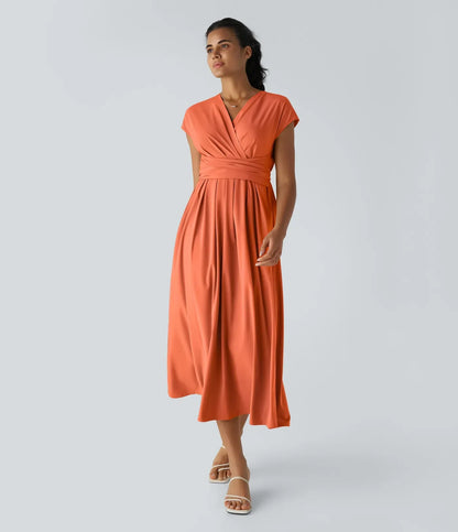 Robe Midi Légère à Col V pour Femme – Taille Élastique Coupe Évasée
