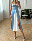 Robe Midi Femme – Col Cœur Colour Block Plissée Fendue