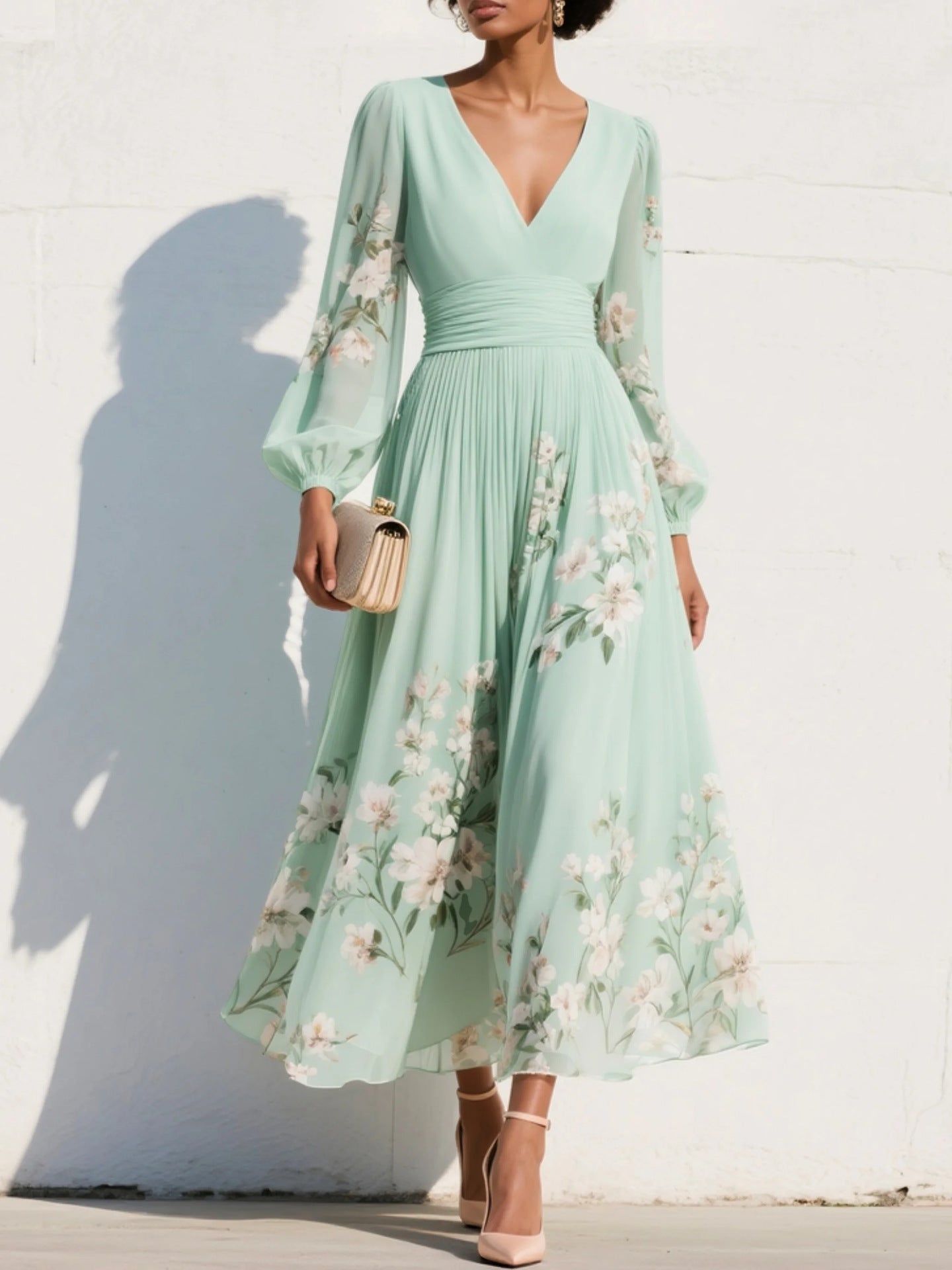 Robe Maxi Mousseline Femme – Manches Longues Coupe Évasée Plissée