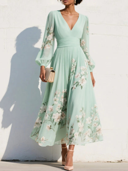 Robe Maxi Mousseline Femme – Manches Longues Coupe Évasée Plissée