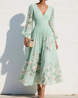 Robe Maxi Mousseline Femme – Manches Longues Coupe Évasée Plissée
