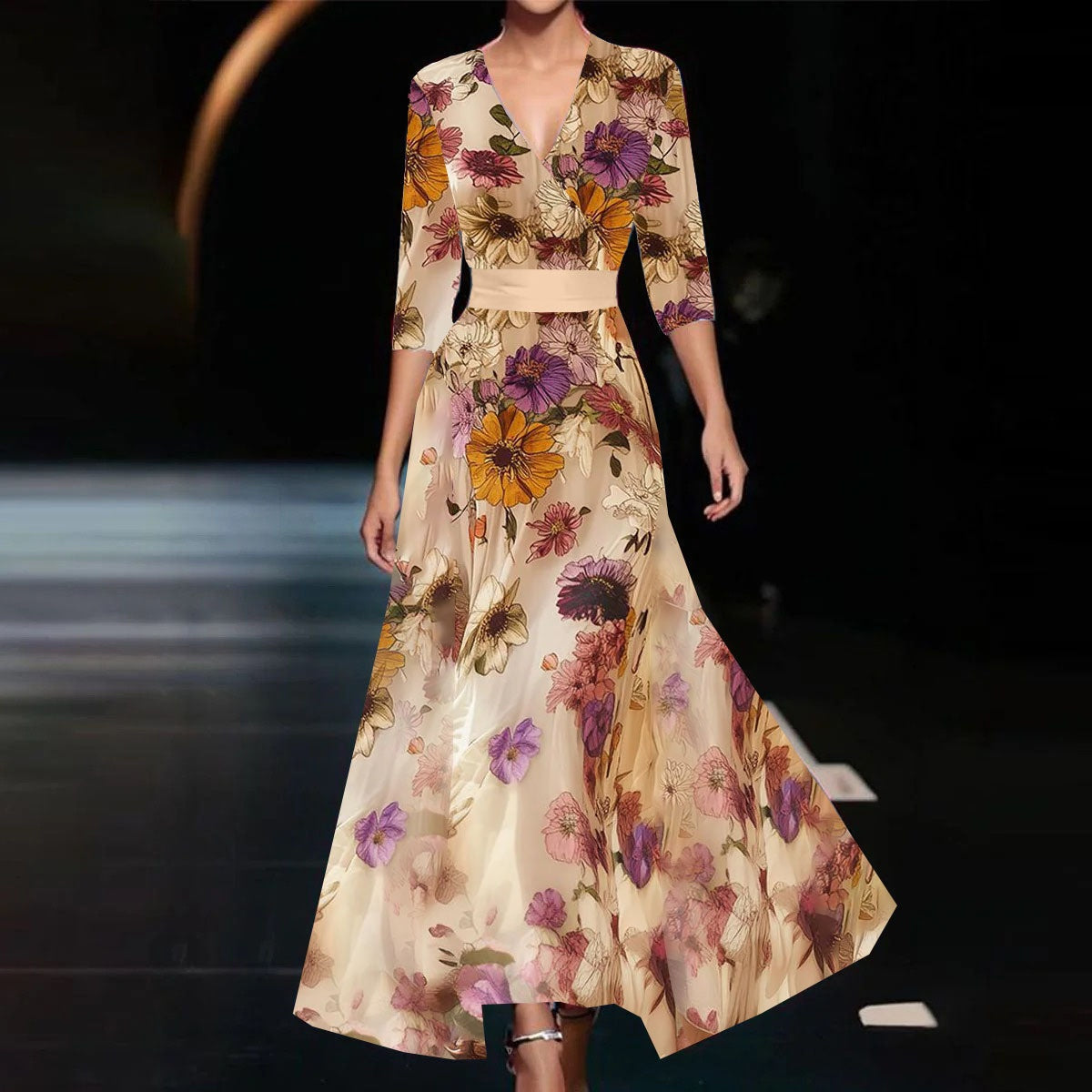 Robe maxi femme A-line à fleurs – Col V taille ajustée