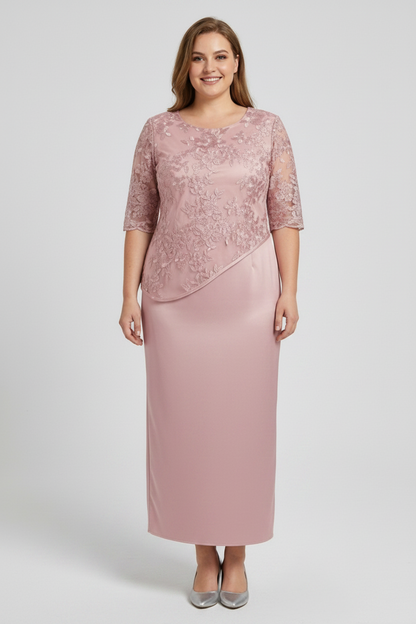Robe Midi Femme à Broderie Florale – Manches en Dentelle Coupe Droite