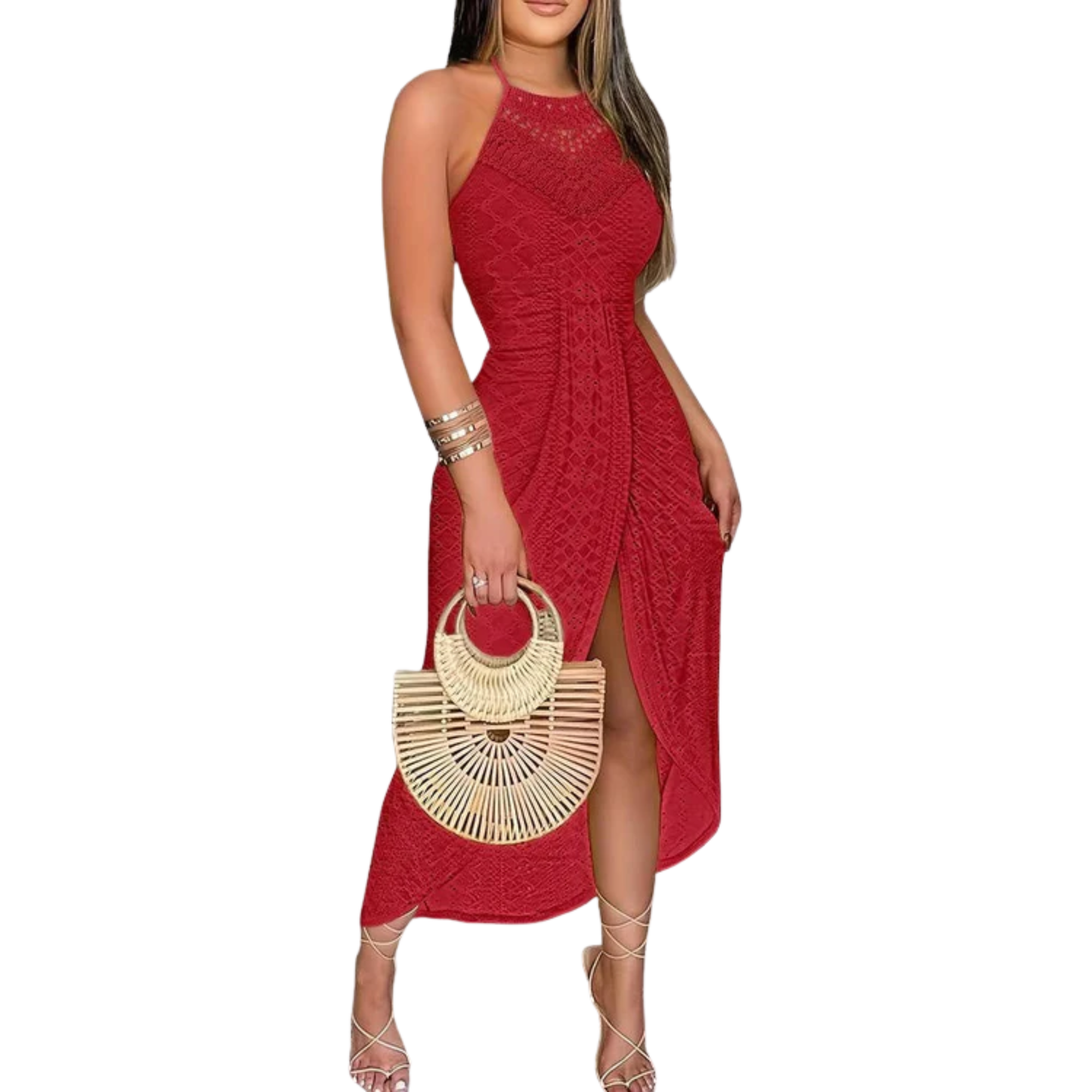 Robe Midi en Dentelle pour Femme – Col Halter avec Fente Frontale