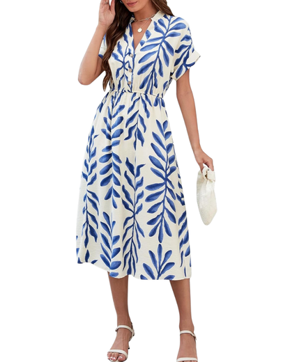 Robe Midi Femme en tissu léger, col V, coupe fluide – Menvelo