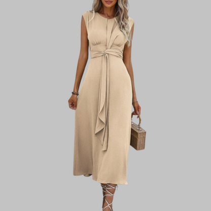 Robe Femme Mi-Longue Sans Manches – Col Rond et Ceinture Nouée