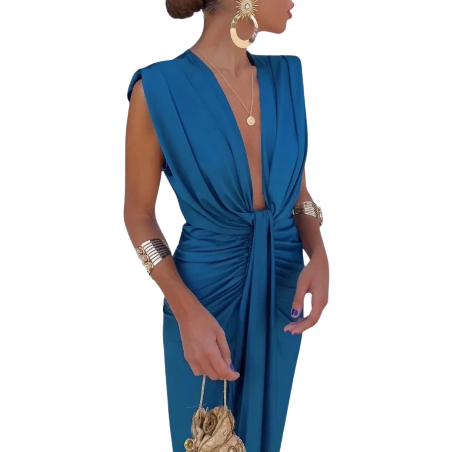 Robe Midi Femme Col V Froncée – Détail Nœud Drapé