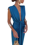 Robe Midi Femme Col V Froncée – Détail Nœud Drapé