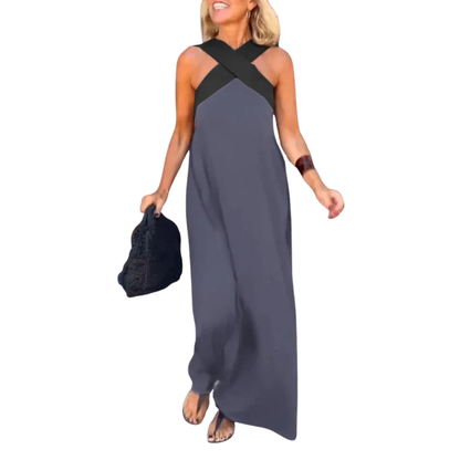 Robe Longue Femme – Encolure Halter Croisée et Silhouette Fluide