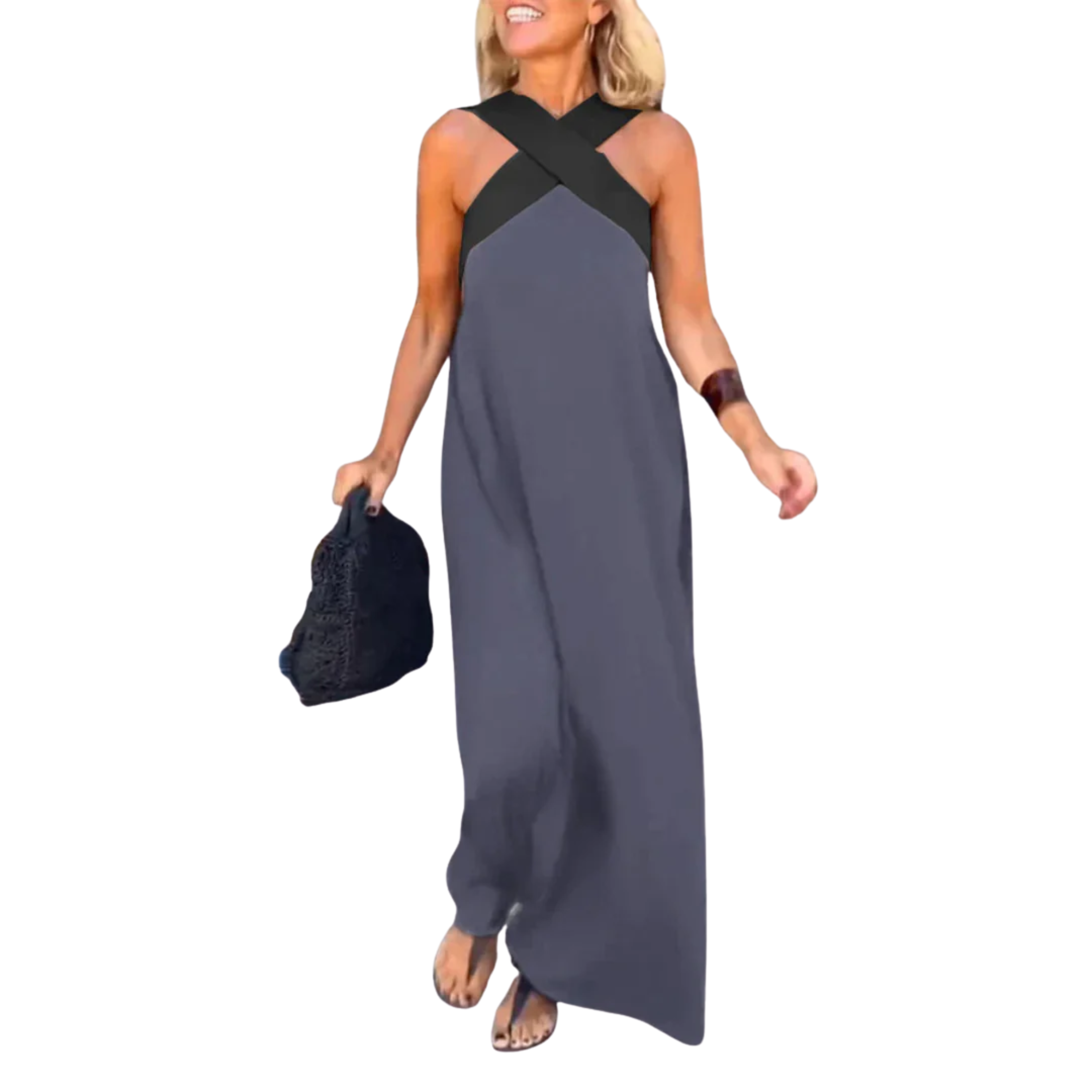 Robe Longue Femme – Encolure Halter Croisée et Silhouette Fluide