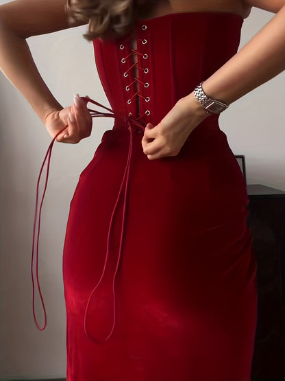 Robe Longue Femme en Velours – Bustier Corset à Lacets